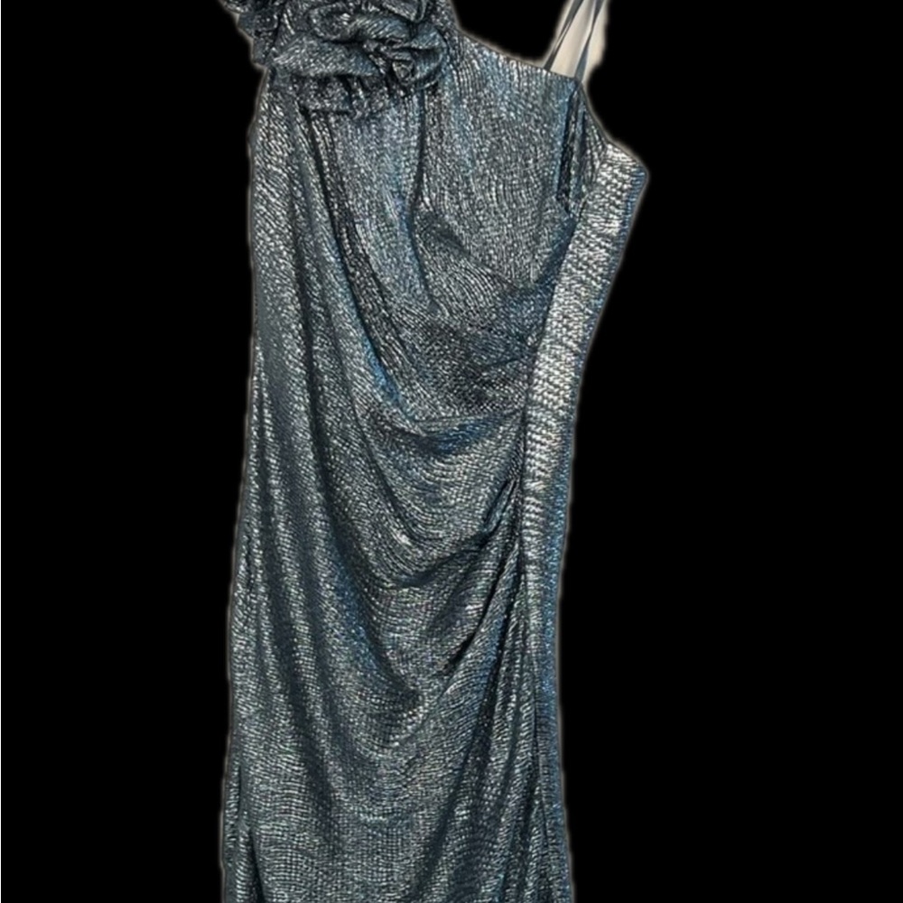 Adrianna Papell Metallic Blue One-Shoulder Draped Evening Gown